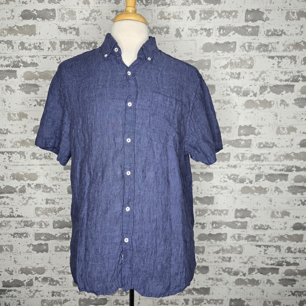 Porter & Ash Shirt Mens XL ( Fits Size Large) Blue 100% Linen‎ Button Down S/S